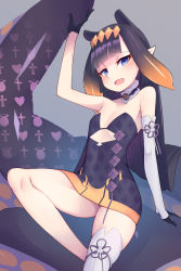 Rule 34 | 1girl, absurdres, animal ears, bare legs, blue eyes, blush, breasts, collarbone, dress, fang, gloves, goat king, hair ornament, highres, holding, hololive, hololive english, long hair, looking at viewer, necktie, ninomae ina&#039;nis, ninomae ina&#039;nis (1st costume), open mouth, purple eyes, purple hair, simple background, sitting, skin fang, small breasts, smile, solo, tentacle hair, tentacles, thighhighs, thighs, tiara, virtual youtuber, white thighhighs