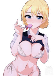 Rule 34 | 1girl, alternate costume, blonde hair, blouse, blue eyes, blush, bow, bowtie, bra, braid, breasts, candy, cleavage, clothes lift, darjeeling (girls und panzer), food, girls und panzer, highres, ichijou takakiyo, large breasts, lifting own clothes, lollipop, navel, no pants, panties, red bow, red bowtie, shirt, shirt lift, skindentation, solo, standing, twin braids, underwear, white bra, white panties, white shirt