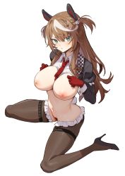 Rule 34 | 1girl, blush, breasts, brown hair, green eyes, highres, large breasts, long hair, looking at viewer, meme attire, nipples, original, reverse bunnysuit, reverse outfit, simao (x x36131422), solo