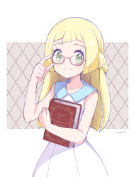 Rule 34 | 1girl, adjusting eyewear, argyle, argyle background, argyle clothes, bad id, bad pixiv id, blonde hair, blunt bangs, book, braid, checkered background, collared dress, creatures (company), dress, english text, game freak, green eyes, highres, holding, holding book, hugging book, hugging object, lillie (pokemon), long hair, looking at viewer, mei (maysroom), nintendo, no headwear, pink-framed eyewear, pokemon, pokemon sm, solo, standing, tagme, white background, white dress