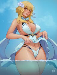 Rule 34 | 1girl, blonde hair, blue sky, blush, breasts, brown eyes, cameltoe, cleavage, clothes lift, day, ed (edemevas), flower, genshin impact, hair flower, hair ornament, highres, in water, large breasts, long bangs, looking at another, looking at viewer, lumine (genshin impact), navel, outdoors, panties, signature, skirt, skirt lift, sky, smile, solo, standing, thick thighs, thighs, underwear, wading, water, white flower, white panties, wide hips