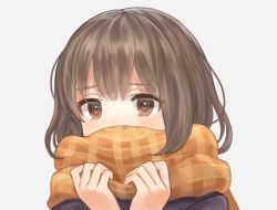Rule 34 | 1girl, bad id, bad pixiv id, blush, brown eyes, brown hair, covered mouth, enpera, eyebrows, matching hair/eyes, okakan, original, plaid, plaid scarf, portrait, scarf, scarf over mouth, simple background, solo, white background