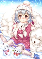 Rule 34 | 1girl, ahoge, animal, argyle, beanie, blue footwear, blush, boots, brown eyes, brown pantyhose, commentary request, dog, fur-trimmed boots, fur-trimmed skirt, fur trim, hair between eyes, hat, highres, holding, holding animal, idolmaster, idolmaster cinderella girls, jacket, long sleeves, looking at viewer, mittens, mole, mole under eye, narumiya yume, nose blush, pantyhose, parted lips, purple skirt, red jacket, regular mow, scarf, silver hair, skirt, sleeves past wrists, snow, snowing, snowman, solo, white hat, white mittens, white scarf
