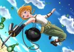 Rule 34 | 1girl, :o, absurdres, artist name, belt pouch, blue eyes, blue sky, braid, brown footwear, brown hair, day, decadence (anime), water drop, full body, green pants, highres, kayama kouji, midair, natsume (decadence), needle, outdoors, pants, pouch, prosthesis, prosthetic arm, shirt, sky, solo, white shirt