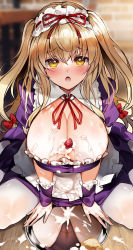 Rule 34 | 1girl, absurdres, alternate costume, apron, black panties, blonde hair, blush, breasts, cleavage, commentary request, dress, enmaided, food, food on body, food on breasts, fruit, hair between eyes, hair ribbon, highres, ken (coffee michikusa), large breasts, long hair, looking at viewer, maid, maid apron, maid headdress, open mouth, panties, plate, purple dress, red ribbon, reflection, ribbon, sexually suggestive, strawberry, suggestive fluid, tearing up, tears, thighs, touhou, underwear, white legwear, wrist ribbon, yakumo yukari, yellow eyes