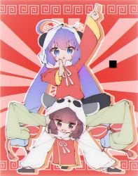 Rule 34 | 2girls, animal hood, arm up, bent over, blue eyes, blue hair, blush stickers, brown hair, chinese clothes, green shirt, headgear, highres, hood, long hair, looking at viewer, multiple girls, n u, open mouth, otomachi una, outstretched arms, panda hood, pants, red background, red eyes, red shirt, shirt, sleeves past fingers, sleeves past wrists, smile, sunburst, sunburst background, touhoku kiritan, triangle mouth, twintails, v-shaped eyebrows, very long hair, vocaloid, voiceroid, white pants, yi er fan club (vocaloid)