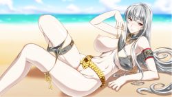 Rule 34 | 00s, 1girl, arm support, bare shoulders, beach, belt, bikini, breasts, day, ebido, highres, large breasts, lying, nipples, on side, pale skin, puffy nipples, red eyes, selvaria bles, senjou no valkyria (series), senjou no valkyria 1, side-tie bikini bottom, silver hair, solo, swimsuit, uncensored