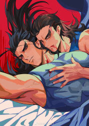Rule 34 | 2boys, absurdres, bara, blue tank top, brown hair, character request, copyright request, doufujintianxianle, floating hair, forked eyebrows, grabbing, highres, large pectorals, long hair, looking at viewer, male focus, mature male, multiple boys, muscular, muscular male, pectoral grab, pectorals, red eyes, seductive smile, shirt, skin tight, sleeveless, sleeveless shirt, smile, tank top, thick eyebrows, tight clothes, tight shirt, upper body, v-shaped eyebrows, veins, veiny arms, yaoi