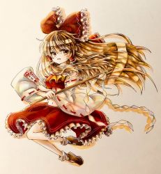 Rule 34 | 1girl, :d, ascot, blouse, bow, brown eyes, brown footwear, brown hair, collar, commentary, detached sleeves, frilled collar, frilled hair tubes, frilled ribbon, frilled skirt, frills, gohei, hair bow, hair tubes, hakurei reimu, highres, hisako (6anmbblfnjueeff), long hair, mary janes, navel, ofuda, open mouth, photo (medium), red bow, red shirt, red skirt, ribbon, ribbon-trimmed collar, ribbon-trimmed sleeves, ribbon trim, see-through, see-through sleeves, shirt, shoes, sidelocks, skirt, skirt set, smile, socks, solo, touhou, traditional media, white collar, white socks, wide sleeves, yellow ascot