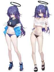 1girl bare_legs bikini black_bikini black_choker black_shirt blue_archive blue_buruma blue_jacket blush breasts buruma choker cropped_shirt full_body gluteal_fold half_updo halo halterneck hands_on_own_chest harenchi highres jacket lanyard long_hair looking_at_viewer medium_breasts micro_shorts multiple_views navel off-shoulder_shirt off_shoulder purple_hair sandals shirt shoes shorts simple_background sneakers star_(symbol) star_sticker sticker_on_face stomach string_bikini swimsuit two_side_up very_long_hair white_background white_shirt yuuka_(blue_archive) yuuka_(track)_(blue_archive)