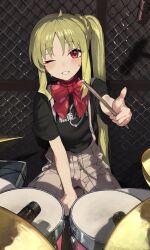 Rule 34 | 024th, 1girl, absurdres, black shirt, blonde hair, blush, bocchi the rock!, bow, bowtie, commentary request, drum, drumsticks, grin, highres, holding, holding drumsticks, ijichi nijika, instrument, long hair, looking at viewer, plaid, plaid shorts, red bow, red bowtie, red eyes, shirt, short sleeves, shorts, side ponytail, sidelocks, sitting, smile, solo, sweat, very long hair