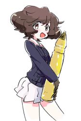 1girl :d akiyama_yukari black_gloves blue_jacket blush brown_eyes brown_hair collared_jacket contrapposto cowboy_shot dot_nose from_side girls_und_panzer gloves holding holding_tank_shell jacket long_sleeves looking_at_viewer looking_to_the_side miniskirt mokeo ooarai_military_uniform open_mouth pleated_skirt short_hair simple_background skirt smile solo tank_shell white_background white_skirt