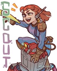 Rule 34 | 1girl, absurdres, atoroux, belt, belt pouch, brown gloves, deep rock galactic, gloves, green eyes, headset, highres, holding, holding pickaxe, knee pads, mule (deep rock galactic), open mouth, pickaxe, pouch, radio antenna, red hair, riding, robot, rope, scout (deep rock galactic), solo