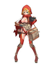 Rule 34 | 1girl, :3, belt, binoculars, blonde hair, breasts, cameltoe, female focus, full body, gluteal fold, green eyes, gun, highres, military, military vehicle, motor vehicle, panzer waltz, personification, red hood, revealing clothes, rifle, simple background, solo, standing, stmast, tank, weapon, white background