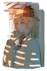 Rule 34 | 1girl, blonde hair, blue eyes, blush, breasts, brown coat, brown hat, closed mouth, coat, collared shirt, dappled sunlight, eyelashes, from side, hair ornament, hand on own chin, hat, highres, hololive, hololive english, isshiki (ffmania7), medium breasts, medium hair, necktie, open clothes, open coat, profile, red necktie, shade, shirt, solo, sunlight, upper body, virtual youtuber, watson amelia, watson amelia (1st costume), white shirt