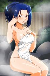 Rule 34 | adjusting hair, asahina natsuki, blue hair, blush, breasts, covering privates, hairband, high ponytail, large breasts, long hair, looking at viewer, mole, mole under mouth, naked towel, nude cover, official art, onsen, open mouth, outdoors, red eyes, rock, sitting, sitting on rock, solo, steam, super real mahjong, tanaka ryou, towel, wet, wet hair