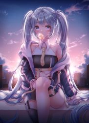 Rule 34 | 1girl, backlighting, bare shoulders, belt, black skirt, blue eyes, blue hair, blowing bubbles, chewing gum, cityscape, collarbone, commentary, crop top, hatsune miku, highres, long hair, looking at viewer, miniskirt, necktie, pippin (pippin sol), removing jacket, short necktie, sitting, skirt, solo, sparkle, sunset, thigh strap, twintails, very long hair, vocaloid, yellow necktie