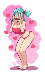 Rule 34 | 1girl, aqua hair, blue eyes, blush, breasts, bulma, cleavage, dragon ball, dragonball z, full body, large breasts, leaning forward, open mouth, solo, standing, tongue, tongue out