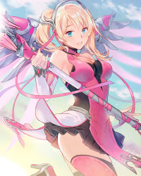Rule 34 | 1girl, alternate hairstyle, bare shoulders, black skirt, blonde hair, blue eyes, blue sky, breasts, cleavage, cloud, cloudy sky, cowboy shot, criss-cross halter, dress, elbow gloves, fingernails, gloves, hair ribbon, halo, halterneck, high heels, highres, holding, holding staff, leg up, lino chang, looking at viewer, magical girl, mechanical halo, mechanical wings, medium breasts, medium hair, mercy (overwatch), nail polish, official alternate costume, outdoors, overwatch, overwatch 1, parted lips, pelvic curtain, pink dress, pink mercy, pink nails, pink ribbon, pink thighhighs, pink wings, pleated skirt, ribbon, ruffling hair, signature, skirt, sky, smile, solo, staff, thighhighs, twintails, wings, yellow sky