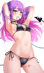 Rule 34 | 1girl, absurdres, armpits, arms behind head, arms up, bikini, black bikini, black choker, breasts, choker, demon girl, demon tail, green eyes, hair ornament, hairclip, highres, hololive, long hair, looking at viewer, multicolored hair, navel, o-ring, o-ring choker, pink hair, pointy ears, purple hair, pyytato, sidelocks, simple background, small breasts, solo, stomach, streaked hair, swimsuit, tail, tokoyami towa, two-tone hair, virtual youtuber, white background