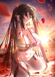 Rule 34 | 1girl, bare shoulders, bikini, breasts, brown eyes, brown hair, cleavage, collarbone, earrings, fate/grand order, fate (series), gradient sky, highres, jewelry, large breasts, long hair, looking to the side, multiple earrings, navel, ocean, orange sky, petals, shibao aoyama, sky, solo, sunset, swimsuit, thighs, twilight, twintails, very long hair, wading, white bikini, yu mei-ren (fate), yu mei-ren (swimsuit lancer) (fate)