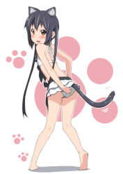 Rule 34 | 1girl, animal ears, ass, barefoot, bikini, black hair, blush, brown eyes, cat ears, cat tail, errant, full body, k-on!, long hair, looking back, nakano azusa, paw print, simple background, skirt, solo, swimsuit, tail, twintails