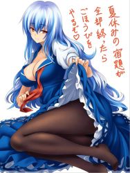 Rule 34 | 1girl, beckoning, black pantyhose, blue dress, blue hair, breasts, cleavage, closed mouth, clothes lift, collarbone, come hither, dress, dress lift, hijikawa arashi, kamishirasawa keine, large breasts, lifted by self, light smile, long hair, looking at viewer, lying, multicolored hair, no headwear, no headwear, on side, pantyhose, puffy short sleeves, puffy sleeves, red eyes, short sleeves, silver hair, solo, touhou, translation request, two-tone hair, very long hair, white background
