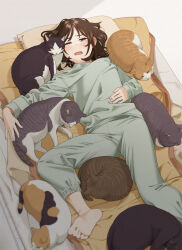 Rule 34 | 1girl, barefoot, blush, brown hair, cat, eyelashes, feet, foot out of frame, green pants, green shirt, hand on own stomach, indoors, long sleeves, lying, mattaku mousuke, medium hair, messy hair, on back, on bed, one eye closed, open mouth, original, pajamas, pants, parted bangs, pillow, shadow, shirt, sidelocks, soles, solo, toes