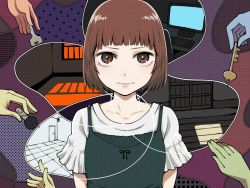 Rule 34 | 1girl, black dress, bob cut, bright pupils, brown eyes, brown hair, closed mouth, commentary request, door, dress, key, looking at viewer, monitor, original, shirt, short sleeves, solo, symbolism, white shirt, yajirushi (chanoma)