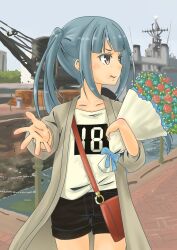 Rule 34 | absurdres, bag, black shorts, blue sky, blunt bangs, bouquet, brown eyes, coat, crane (machine), day, flower, grey coat, grey hair, highres, kantai collection, kasumi (kancolle), looking to the side, official alternate costume, outdoors, pot-de, seven-segment display, ship, shirt, shorts, shoulder bag, sky, watercraft, white shirt