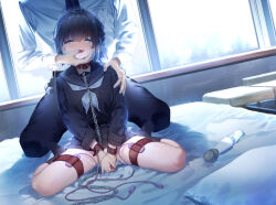 Rule 34 | 1boy, 1girl, bed, black hair, black sailor collar, black serafuku, black shirt, black skirt, black socks, blue eyes, blue neckerchief, blue ribbon, blush, chain, chain leash, clothes lift, collar, commentary request, covering privates, covering crotch, cuffs, egg vibrator, finger in another&#039;s mouth, full body, hair ribbon, hand on another&#039;s shoulder, head out of frame, heavy breathing, hetero, hitachi magic wand, indoors, kise itsuki, kneeling, leash, long sleeves, neckerchief, nose blush, on bed, open mouth, original, pillow, pussy juice, pussy juice stain, red collar, ribbon, sailor collar, saliva, school uniform, serafuku, sex toy, shackles, shirt, short hair, sitting, skirt, skirt lift, smile, socks, thigh strap, v arms, vibrator, vibrator in thigh strap, wariza, window