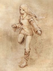 Rule 34 | 1girl, bare tree, boots, brown theme, collarbone, dress, female focus, final fantasy, final fantasy tactics, full body, geomancer (fft), hair tie, knee boots, leg up, long hair, long sleeves, looking to the side, low-tied long hair, low ponytail, monochrome, no socks, piranosuke, short dress, solo, standing, standing on one leg, tree