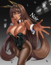 Rule 34 | 1girl, absurdres, animal ears, artist request, bare shoulders, black leotard, black pantyhose, breasts, brown hair, curvy, dark-skinned female, dark skin, detached collar, fake animal ears, fishnet pantyhose, fishnets, goddess of victory: nikke, hair between eyes, hands on own chest, highleg, highleg leotard, highres, large breasts, leotard, lips, long hair, looking at viewer, noir (nikke), pantyhose, playboy bunny, rabbit ears, shiny clothes, shiny skin, signature, simple background, smile, solo, strapless, strapless leotard, very long hair, wide hips, wrist cuffs