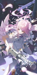 Rule 34 | 1girl, absurdres, blue archive, blue bow, blurry, bow, capelet, closed mouth, commentary request, depth of field, dress, falling feathers, feathered wings, feathers, gun, halo, highres, holding, holding gun, holding weapon, hone (hone art), long hair, looking to the side, mika (blue archive), pink hair, purple halo, shell casing, solo, standing, weapon, white capelet, white dress, white wings, wings, yellow eyes