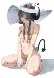 Rule 34 | 1girl, absurdres, arknights, bare shoulders, bikini, blue eyes, blush, breasts, brown hair, character request, commentary, hat, highres, horns, long hair, looking at viewer, monmon (sleepymonmon), navel, sitting, solo, sun hat, swimsuit, symbol-only commentary, tail, wariza, yellow bikini