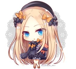 Rule 34 | 1girl, abigail williams (fate), black dress, blue eyes, bow, carrying, chibi, commentary request, dress, fate/grand order, fate (series), hair bow, hat, light brown hair, long hair, looking at viewer, multiple hair bows, parted lips, simple background, solo, stuffed animal, stuffed toy, teddy bear, twitter username, white background, yukiyuki 441