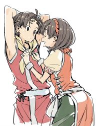 Rule 34 | 1boy, 1girl, brown hair, circlet, closed mouth, closed eyes, gensou suikoden, gensou suikoden ii, hairband, highres, imigimuru, nanami (suikoden), open mouth, pants, riou (suikoden), shirt, short hair, simple background, smile, white background