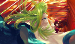 Rule 34 | 2girls, ascot, blurry, bow, brown hair, depth of field, detached sleeves, female focus, green hair, hair bow, hair tubes, hakurei reimu, highres, holding another&#039;s wrist, holding hands, japanese clothes, jq, kochiya sanae, long hair, looking back, miko, multiple girls, open mouth, red eyes, sunlight, torii, touhou