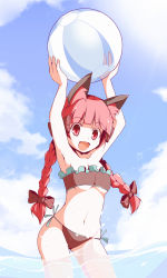 Rule 34 | 1girl, :d, animal ears, armpits, arms up, ball, bandeau, beachball, bikini, blunt bangs, bow, braid, breasts, cat ears, cat girl, colorized, day, female focus, fujy, hair bow, hair ribbon, highres, holding, kaenbyou rin, long hair, looking at viewer, medium breasts, miko machi, multiple hair bows, navel, open mouth, red eyes, red hair, ribbon, short hair, side-tie bikini bottom, smile, solo, swimsuit, touhou, twin braids, twintails, underboob, wading, water