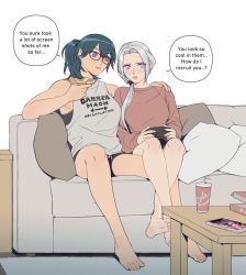 Rule 34 | 2girls, barefoot, blue eyes, blue hair, blush, breasts, byleth (female) (fire emblem), byleth (fire emblem), couch, couple, edelgard von hresvelg, feet, fire emblem, fire emblem: three houses, fire emblem warriors, fire emblem warriors: three hopes, food, glasses, hair between eyes, highres, intelligent systems, large breasts, long hair, looking at viewer, medium hair, multiple girls, muscular, muscular female, nintendo, nintendo switch, pillow, ponytail, purple eyes, radiostarkiller, shorts, side ponytail, smile, sweater, toes, yuri