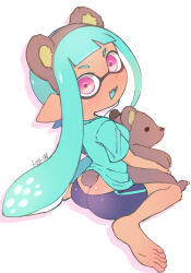 Rule 34 | 1girl, animal ear hairband, animal ears, aqua shirt, ass, barefoot, bear ears, black shorts, brown hairband, butt crack, commentary request, fake animal ears, fake tail, fangs, feet, full body, hairband, highres, holding, holding stuffed toy, inkling, inkling girl, inkling player character, long hair, looking at viewer, looking back, minamidena, nintendo, open mouth, pink eyes, pointy ears, shirt, shorts, simple background, sitting, smile, soles, solo, splatoon (series), splatoon 3, stuffed animal, stuffed toy, tail, teddy bear, tentacle hair, toes, wariza, white background