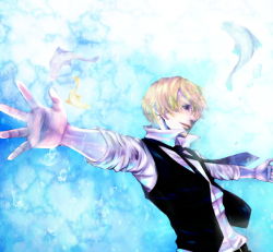 Rule 34 | 1boy, black necktie, black vest, blonde hair, collared shirt, fish, hair over one eye, image sample, male focus, necktie, one piece, open clothes, open vest, outstretched arms, pixiv sample, resized, sanji (one piece), shirt, smile, solo, soopoo, spread arms, vest, waistcoat, white shirt