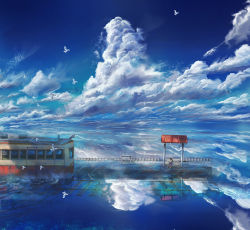 Rule 34 | 1girl, bird, chair, cloud, cloudy sky, day, dress, flying, highres, holding hands, kenzo 093, original, reflection, reflective water, scenery, sitting, skirt, sky, train, train station, train station platform, water