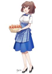 Rule 34 | 1girl, apron, basket, blue apron, blue bow, blue bowtie, blue skirt, bow, bowtie, breasts, brown eyes, brown hair, commentary request, employee uniform, full body, gingham apron, hair intakes, hair ribbon, high-waist skirt, ise (kancolle), kantai collection, kobeya uniform, one-hour drawing challenge, plaid, plaid apron, pleated shirt, ponytail, red ribbon, ribbon, shirt, short hair, short sleeves, simple background, skirt, solo, uniform, white background, white shirt, yamashichi (mtseven)