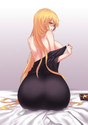 Rule 34 | 1girl, ^^^, ass, ass focus, bare shoulders, black dress, blonde hair, breasts, commentary request, dress, gradient background, grey background, headdress, unworn headwear, highres, hip focus, huge ass, indoors, junko (touhou), koissa, large breasts, long hair, looking at viewer, looking back, mature female, parted lips, profile, red eyes, sitting, smile, solo, touhou, undressing, very long hair, white background, wide hips