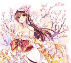 Rule 34 | 10s, 1girl, alternate costume, bare shoulders, blush, breasts, brown eyes, brown hair, cherry blossoms, cleavage, collar, dress, earrings, glass, hair ornament, hat, hood, japanese clothes, jewelry, kantai collection, kimono, large breasts, long hair, looking at viewer, open mouth, sakurano ru, smile, solo, sparkle, uchikake, wedding, wedding dress, yamato (kancolle)