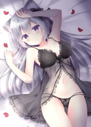 Rule 34 | 1girl, animal ear fluff, animal ears, arm up, armpits, bare shoulders, black bow, black bra, black panties, black ribbon, blush, bow, bra, breasts, breasts apart, cameltoe, cat ears, cat girl, cat tail, collarbone, crossed bangs, grey hair, groin, hair bow, hair ribbon, highres, lace, lace-trimmed bra, lace-trimmed panties, lace trim, lingerie, long hair, looking at viewer, lying, momochi chia, navel, on back, original, panties, petals, purple eyes, ribbon, see-through, sleeveless, solo, tail, thigh gap, thighs, underwear, underwear only
