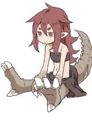 Rule 34 | 1girl, absurdres, between legs, brown eyes, brown hair, child, claws, commentary, eyebrows, full body, fur, hand between legs, highres, kaijuu no tokage, lizard (kaijuu no tokage), lizard tail, monster girl, navel, pointy ears, reptile girl, simple background, sitting, skirt, solo, tail, white background, yamamoto souichirou
