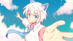 Rule 34 | 1boy, animal ear fluff, animal ears, blue eyes, blue hair, blue necktie, blue sky, blush, braid, breast pocket, cat boy, cat ears, closed mouth, cloud, cloudy sky, collared shirt, falling, floating neckwear, hair between eyes, highres, looking at viewer, male focus, multicolored hair, necktie, oka kojiro, open hands, original, outstretched arms, pocket, school uniform, shirt, short hair, short sleeves, sidelocks, sky, smile, solo, streaked hair, upper body, white hair, white shirt