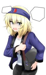 Rule 34 | 1girl, absurdres, aikir (jml5160), andou (girls und panzer), bag, bc freedom (emblem), black pants, blonde hair, blue eyes, blue headband, blue jacket, carrying, character doll, character print, commentary, constricted pupils, emblem, frown, girls und panzer, gloom (expression), handbag, headband, highres, jacket, long sleeves, looking at viewer, medium hair, messy hair, open clothes, open jacket, open mouth, oshida (girls und panzer), otaku, pants, print shirt, shirt, simple background, solo, speech bubble, sweat, t-shirt, white background, white shirt